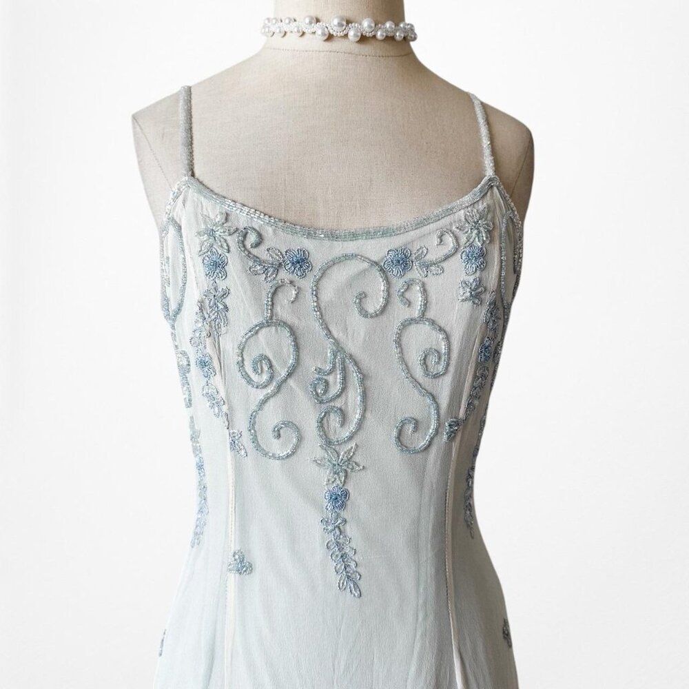Vintage Y2K Silk Baby Blue Cream Bodycon Floral Beaded Maxi Prom Dress Size S - Picture 6 of 9